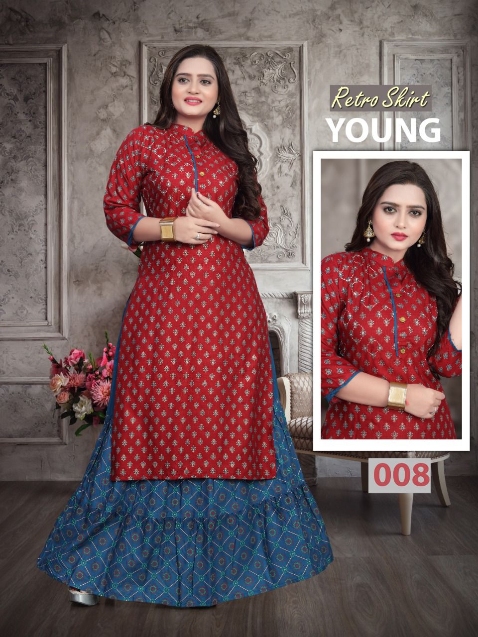 Aagya Retro Skirt Ethnic Wear Rayon Printed Designer Kurti With Skirt Collection